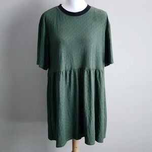 H&M Babydoll Dress Womens Medium Green Textured Damask Short Sleeve Mini Prairie